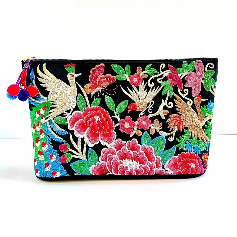 Large Colorful Birds and Florals Embroidered Pom Pom Bag (NWOT) - Picture 1 of 9
